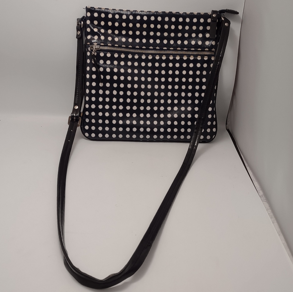 Merona Black Leather Medium White Polka Dot Cross Body Purse Bag 10" x 10"